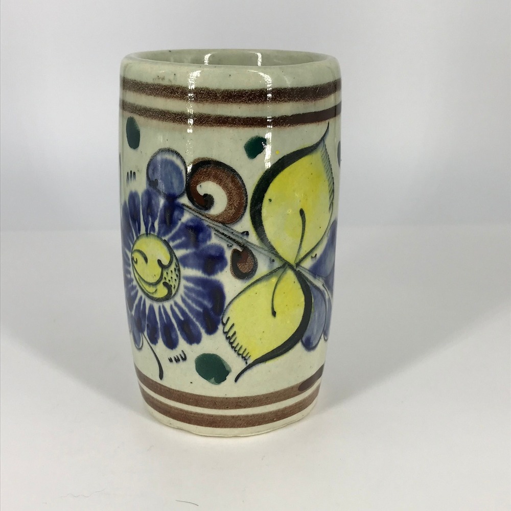 VTG Tonala Mexican Pottery Cup Vase Hand Painted Flower Signed Blue Brown 5" A2